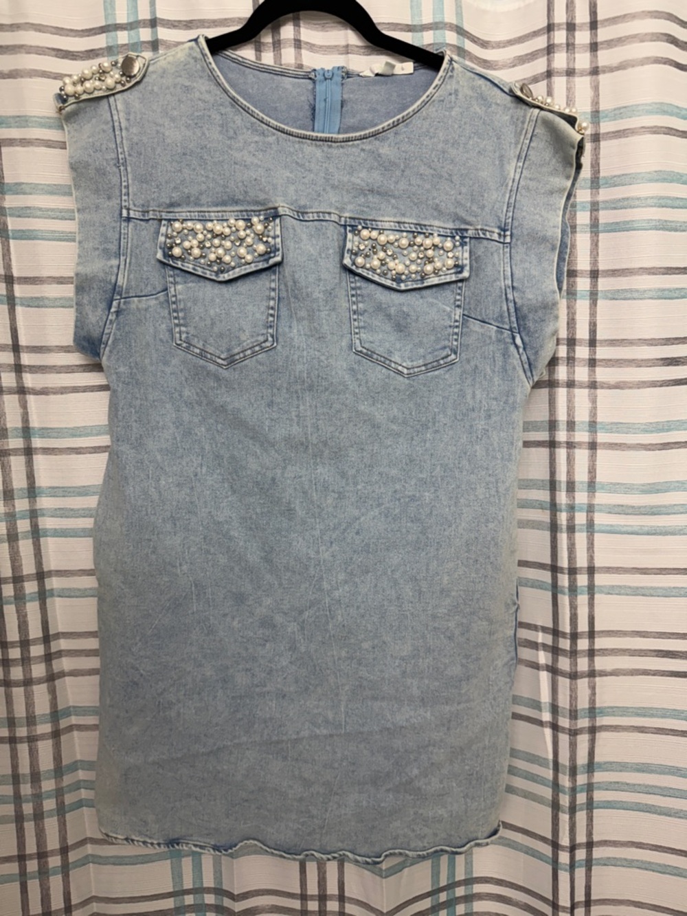 Pastels Light Blue Pearl-Embellished Denim Shift Dress